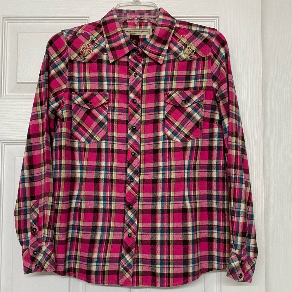 Bit & Bridle Pink Plaid Flannel Pearl Snap Front Top Embroidered Horses Sz S